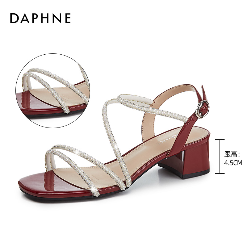 Red [Pearl] 3232Daphne Rome high-heeled Sandals 2021 new pattern female summer Middle heel Thick heel rhinestone Straight buckle temperament Women's Shoes