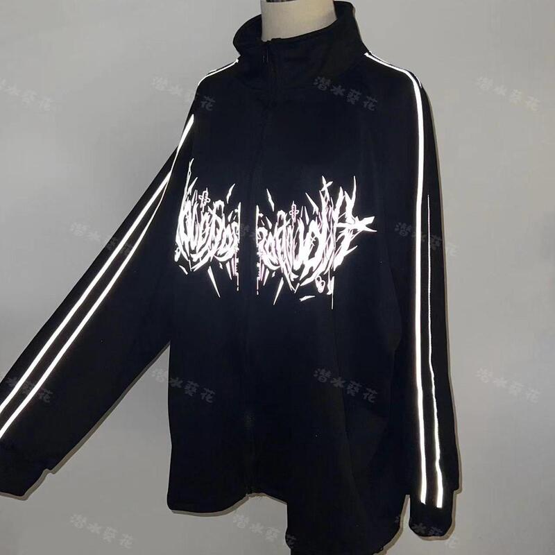 |   Hui |   Original Black Jacket with Reflective Print, Autumn and Winter Subculture Dark Gothic Style, in Stock.