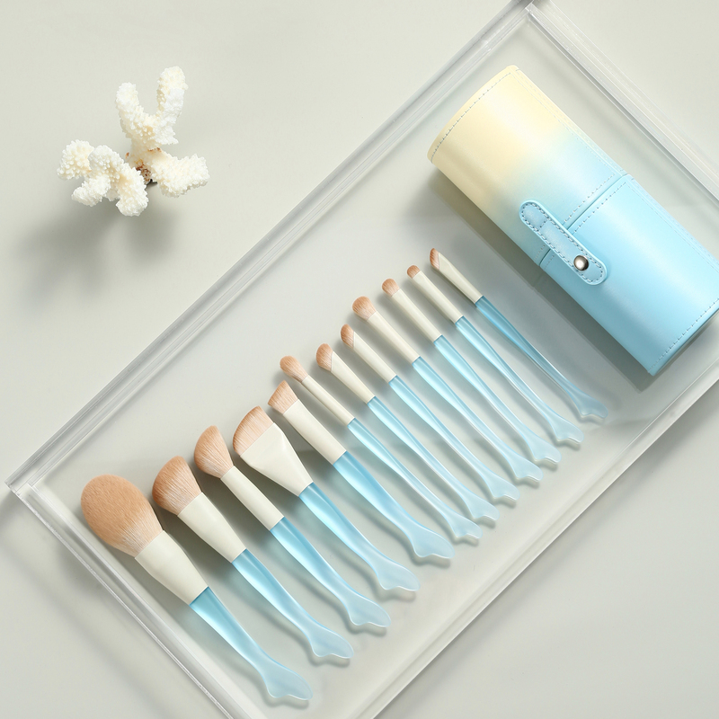 Cangzhou 12-Piece Dolphin Tail Makeup Brush Set, Complete Set of Brushes, Fishtail Thin Arc Flat Foundation Brush, Portable for Beginners