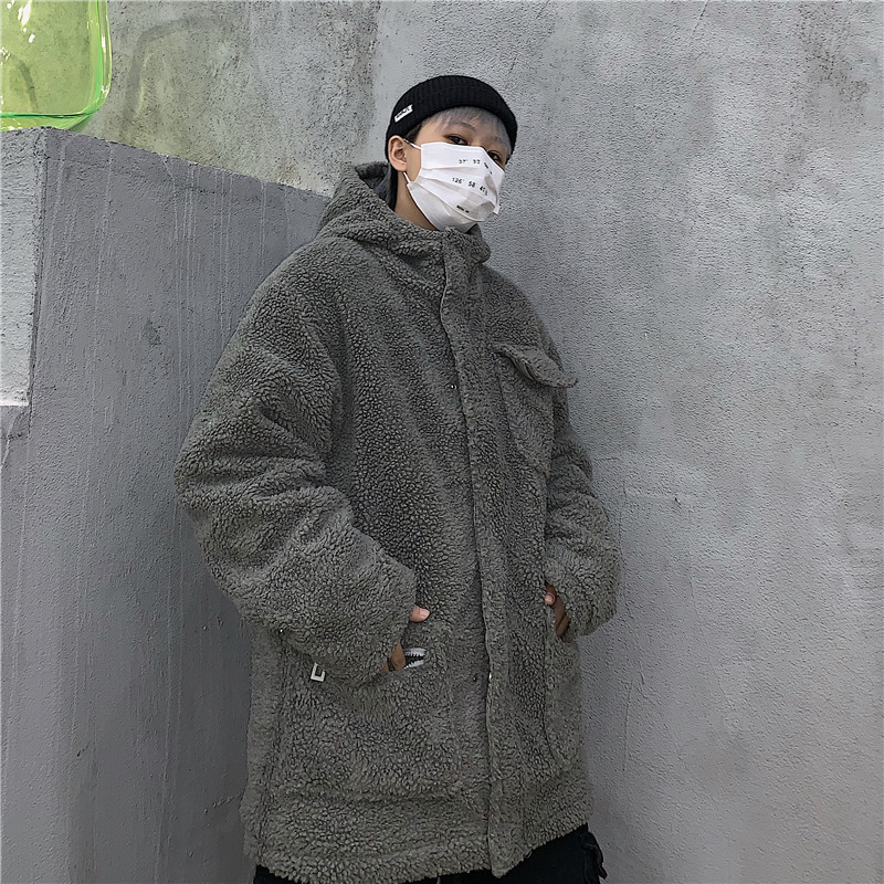 Mùa đông Hàn Quốc phiên bản của hip-hop áo cừu len gió bf lỏng lẻo bảo hộ lao dày dài vừa đội mũ trùm đầu áo bông thủy triều của phụ nữ