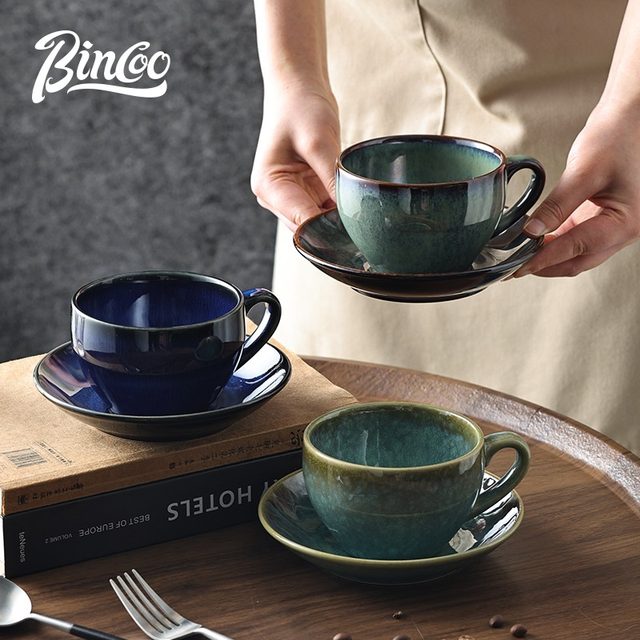 Bincoo coffee cup ceramic retro high-end latte art cup and saucer set couple cup creative latte ຈອກເປື້ອນ