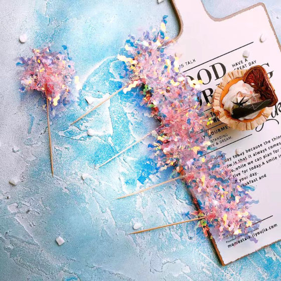 ins炫彩雨丝蛋糕装饰插件礼花流苏毛条镭射彩条生日派对插牌插签