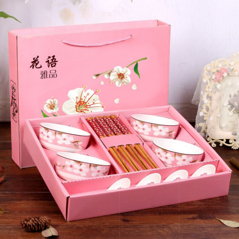 Eating four pieces of four suits for bowl bowl three household chopsticks in a ceramic family 4 teaspoons of lovely combination
