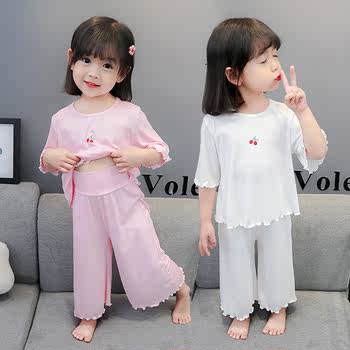 Girls' short-sleeved pajamas ice silk summer suit 2022 new small and medium-sized children's thin section home clothes female baby air-conditioning clothes