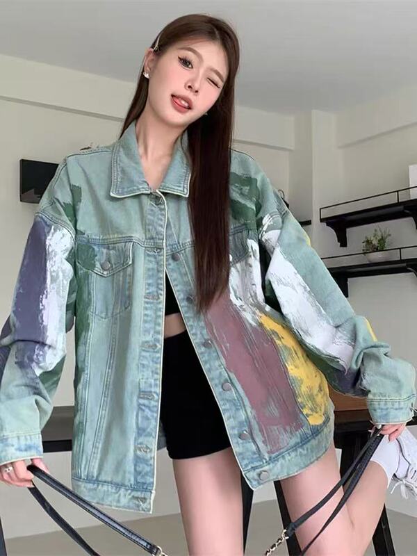 Sasha Welfare.【In Stock】-8861 French Retro Versatile Distressed Graffiti Denim Jacket 3.14