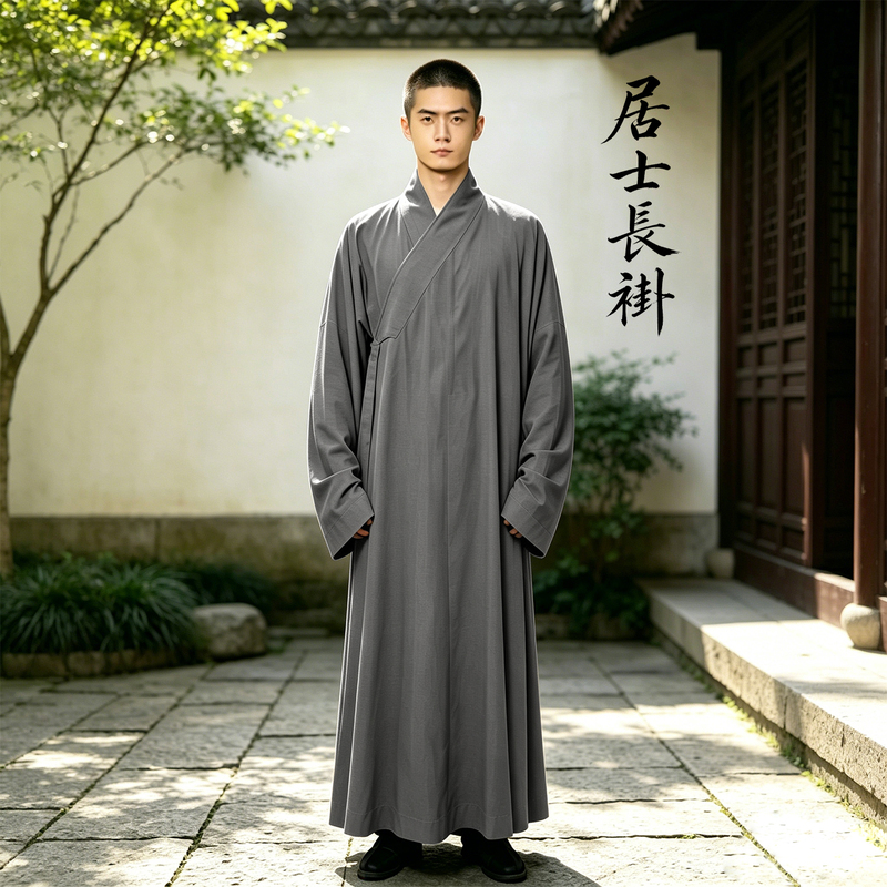 Summer Layperson's Pure Cotton Zen Hall Robe for Home Practice, Long Shirt, Hanfu Collar, Meditation Clothing, Breathable and Skin-Friendly