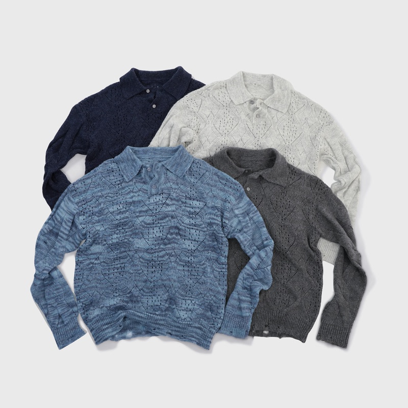 Colorful Yarn Hollow-Out Sweater*4Junks*Variegated Noise-Pattern Long Yarn Diamond-Shaped Cable Knit Turn-Down Collar Knitted Polo Long Sleeves Colorful Yarn Hollow-Out Sweater*4Junks*Variegated Noise-Pattern Long Yarn Diamond-Shaped Cable Knit Turn-Down Collar Knitted Polo Long Sleeves
