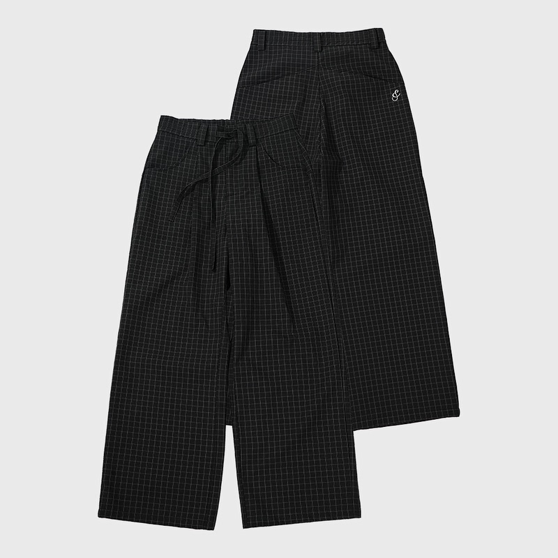 Plaid Walking Pants*4Junks* Custom Woven Pure Cotton Plaid Embroidery Straight-Leg Elastic Waist Lazy Casual Long Pants