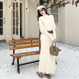 Irregular bat sleeves, high waist, slim long sleeves, knitted skirt, winter french style, beautiful, gentle style, thickened dress for women