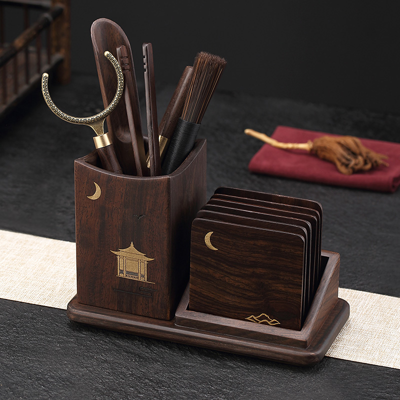 Longshan Hall Black Sandalwood Six Gentleman Tea Road Suit Kongfu Tea Accessories Tea Knife Cup Cushion Tea Cylinder Raising Pot Pen Home