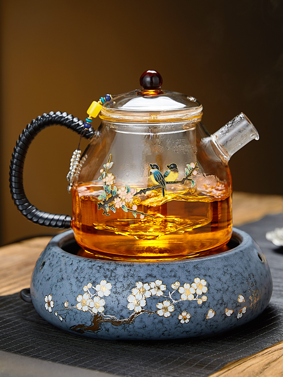 Longshan Tang Cloisonne steaming teapot Glass thickened high temperature tea maker Black crystal furnace Household large capacity flower teapot