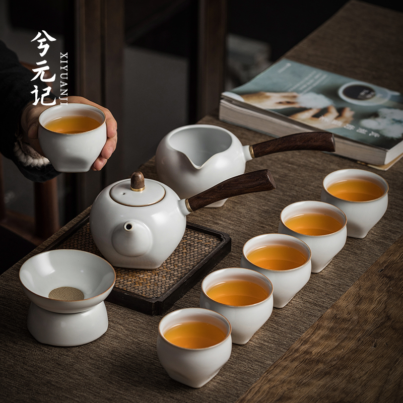 Ru kiln kung fu tea set home simple teapot tea cup high-grade living room meeting guests brew tea small set ceramic gift box