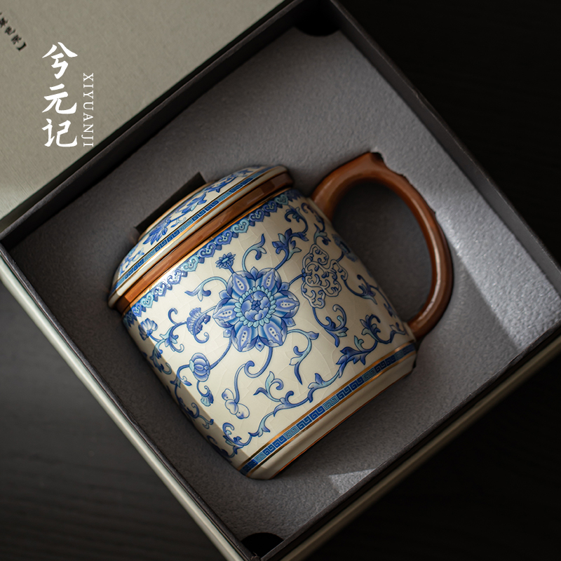 Blue and white Ru kiln tea cup ceramic tea water separation cup with lid household gold-painted tea cup office mug cup
