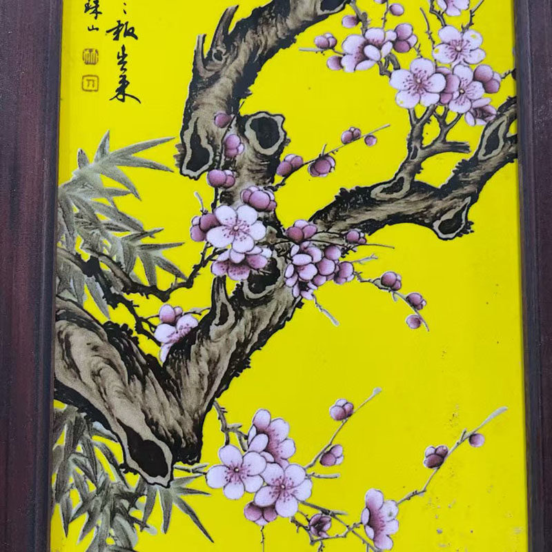 росписи фарфора 古董文玩红木镶瓷板画帝黄釉粉彩花鸟春夏秋冬四条屏中堂挂画