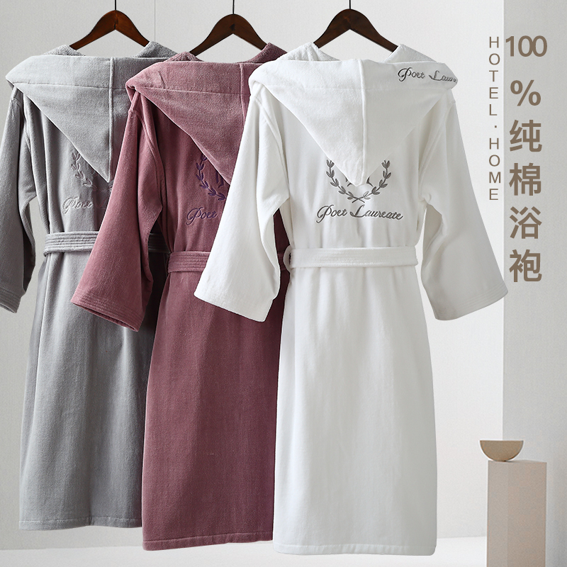 Bathrobe, Absorbent, Quick-Drying, Pure Cotton, Thickened, Hotel Couple Style, Pair of Nightgowns, Women's and Men's Long Spring and Summer Hooded Bathrobe