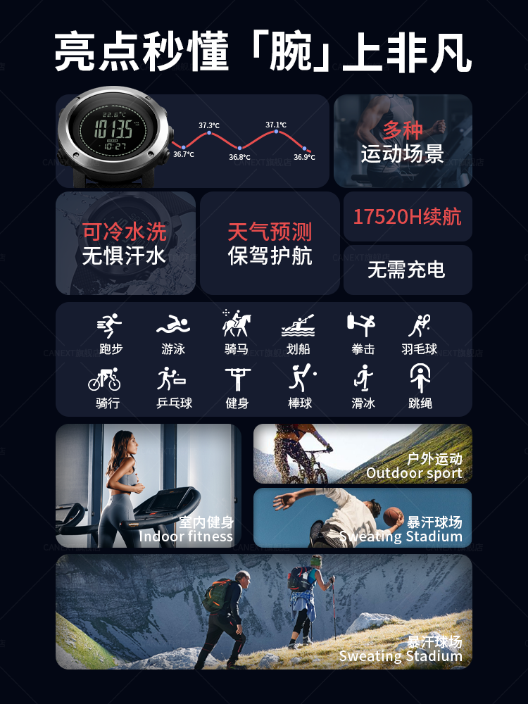 Middle School Student Sports Watch Men's Waterproof Electronic Mechanical Watch for Teenagers, Alarm Clock, Pedometer, Temperature Measurement