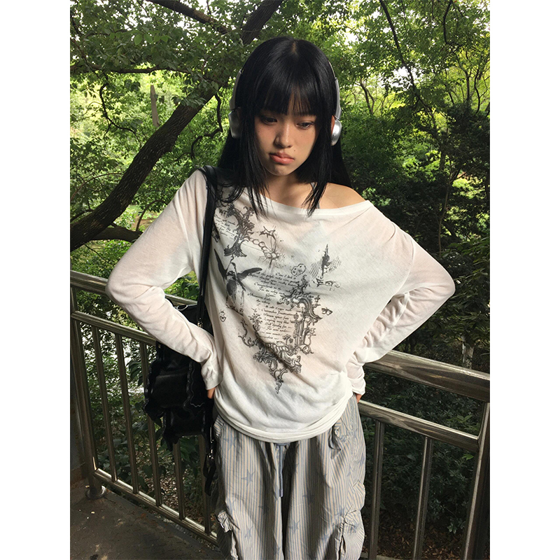 Light and Casual ~ Hot Girl Long-Sleeved T-Shirt for Women, Retro American-Style Printed Knitted Blouse, Lazy Style Loose Top ins