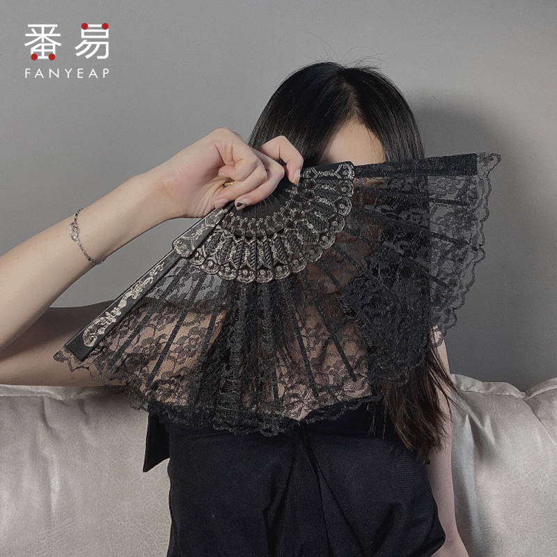 Folding Fan A1Zzn001 - Fan with Ancient Chinese Style, Suitable for Hanfu, Photography, Cheongsam, Summer Lace, Portable, Dance, Women, Black