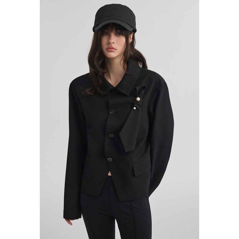 Y Notaste Bowknot Pearl Brooch Jacket with Curved Placket, Slim Fit, Regular Shoulder, Fine Wool