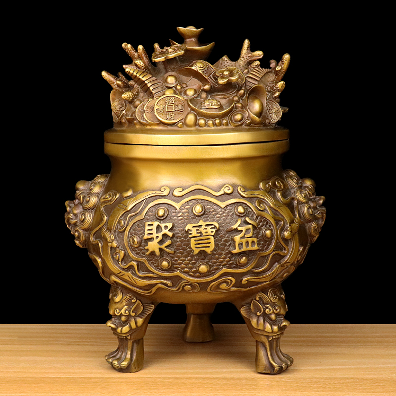 Cornucopia ornament Pure copper three-legged ding open cover incense burner Home Feng Shui recruitment Wangju ornament wealth craft gifts