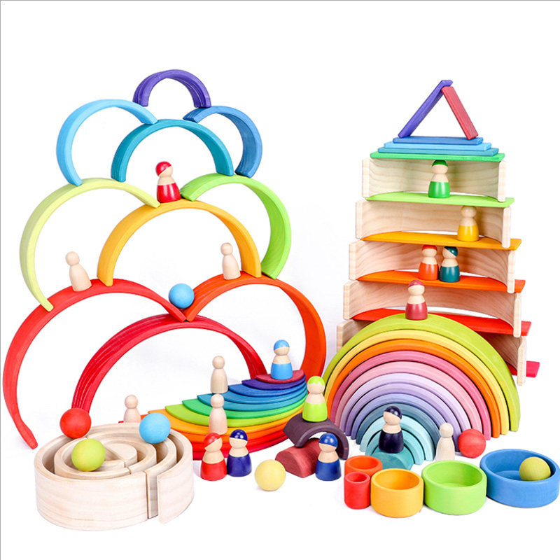 Rainbow Building Blocks 12 Color Pieces Large Arch Bridge Semi-circular Children Early Teach Wooden Build Stacking Sensory Integration Training Toys