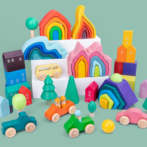 Static model of childrens enlightenment education building blocks toy forest small tree flame coral stone sea wave rainbow house