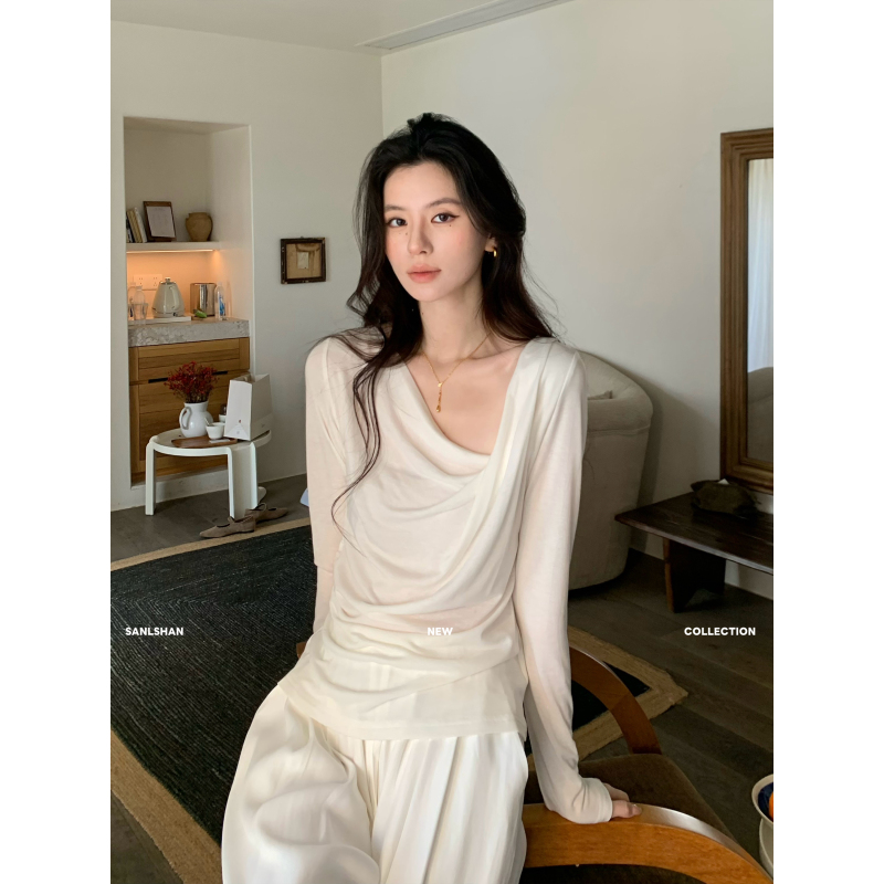 Sanlshan_Slant-Neck Long-Sleeved Casual Style Slim-Fit Top 2026 Spring New Solid Color Pullover T-Shirt
