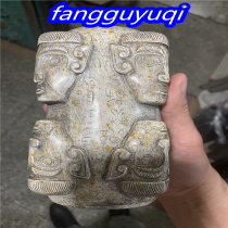 Ancient jade cong with human face pattern trapezoidal brown jade handle white ornament imitation of Liangchu culture large square ancient jade cong