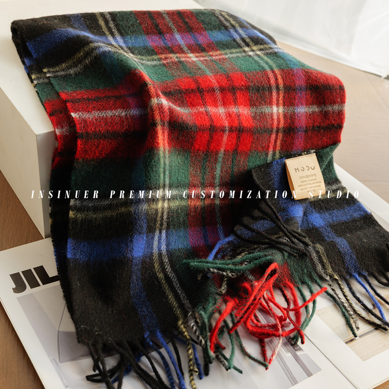 British-Style 100% Australian Wool Plaid Scarf in Black and Red for Winter, Unisex, with Horn Buttons, Coat Decoration, Warm Neck Scarf, Gift