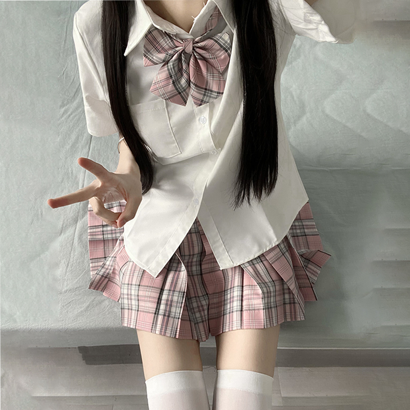 【Chun Dao Diary】Jk Uniform Skirt Authentic Set, Academy Style Skirt, Original Girly Pink Plaid Short-Sleeve Two-Piece Set 【Chun Dao Diary】Jk Uniform Skirt Authentic Set, Academy Style Skirt, Original Girly Pink Plaid Short-Sleeve Two-Piece Set