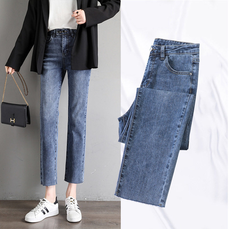 High waist straight cylinder pants woman loose 2021 spring and summer new 100 lap elastic body 90% Cowboy pants smoke pipe pants tide