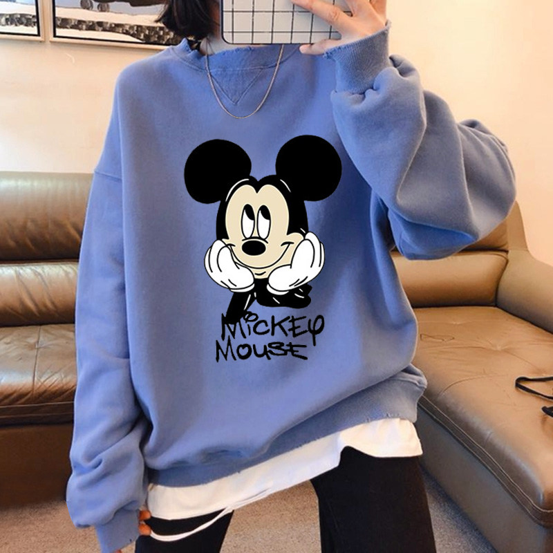 2020 autumn and winter New thick cotton T women plus velvet cartoon Mickey Korean loose version of the big version of the shirt fake Two ins tide