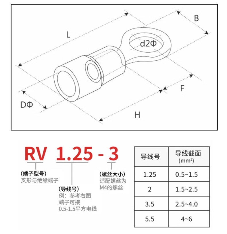 Терминал 冷压接线端子欧式rv1.25-3.2圆型2/3.5/5.5/4/5/6/8s预绝缘铜鼻子