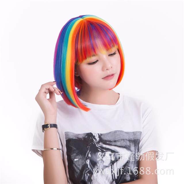 ຜູ້ຜະລິດ rainbow bob wig ສີຜົມສັ້ນທີ່ມີສີສັນເອີຣົບແລະອາເມລິກາຮ້ອນການຄ້າຕ່າງປະເທດ hair cosplay customization