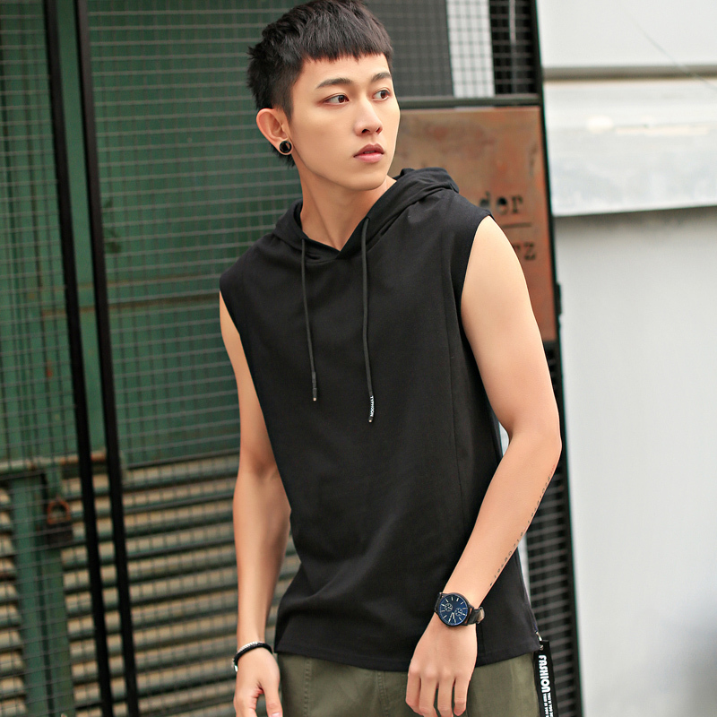 Men's Summer Hooded Vest, Loose Pure Cotton Sleeveless T-Shirt, Hoodie, Solid Color Trendy ins Sports Sweatshirt with a Hood