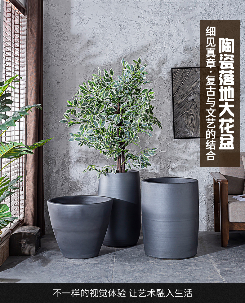 Black ceramic vase hydroponic water lily basin tank cylinder flowerpot planting large courtyard green plant in northern Europe interior decoration