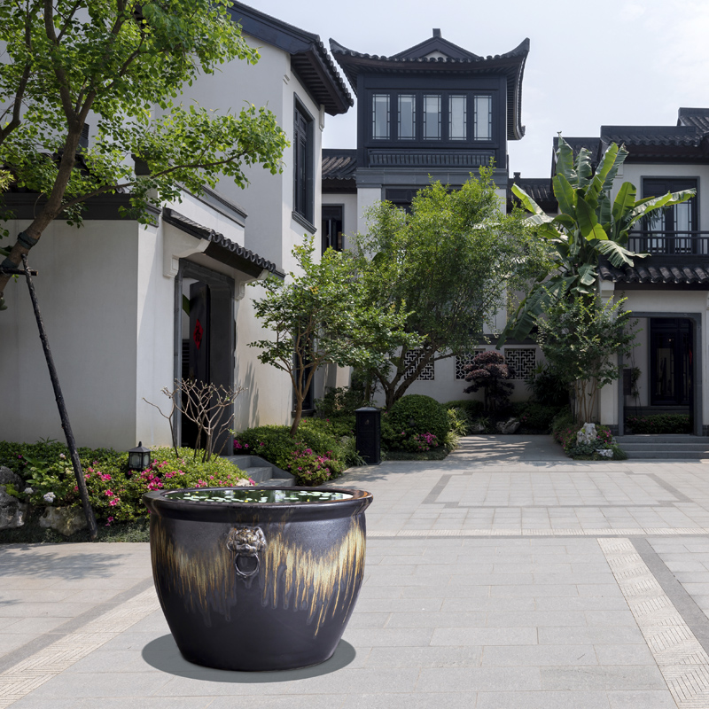 Old archaize ceramic extra large cylinder aquarium coarse pottery water lily flower bed hotel garden flowerpot retro big basin to plant trees
