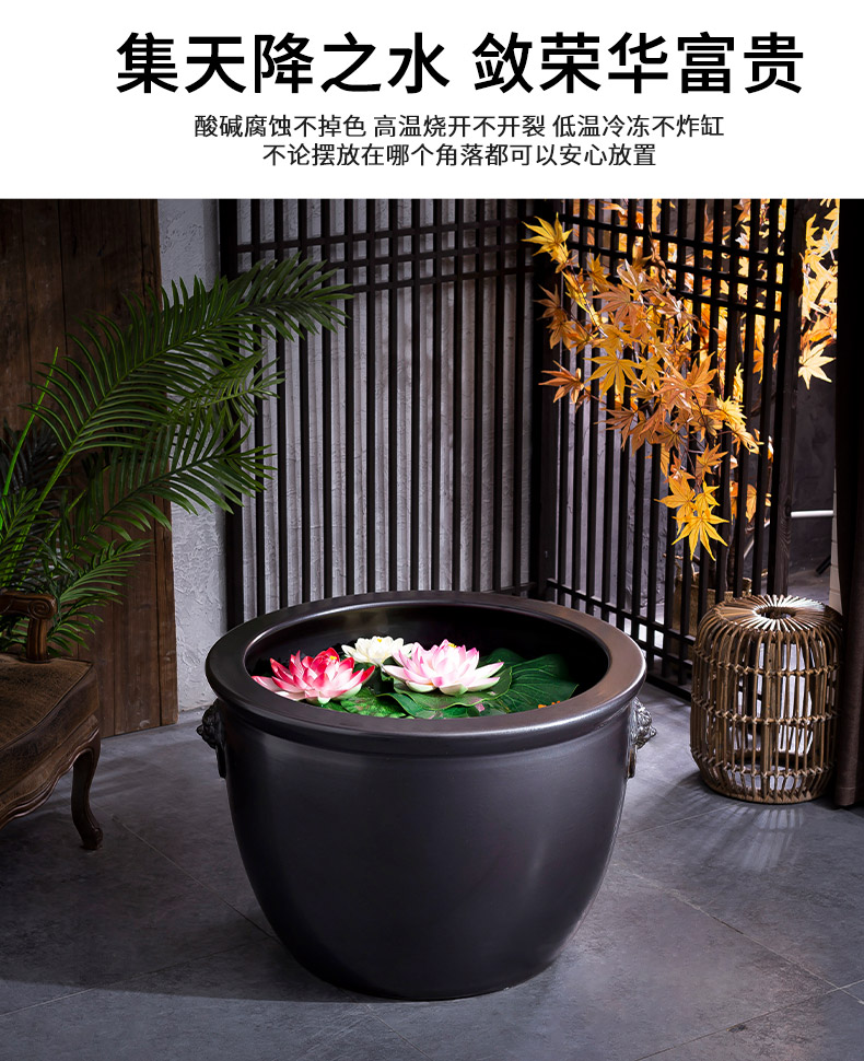 Retro black thick clay ceramic flower pot oversized cylinder circular altar water tanks of large diameter green plant plant trees and flowers POTS courtyard