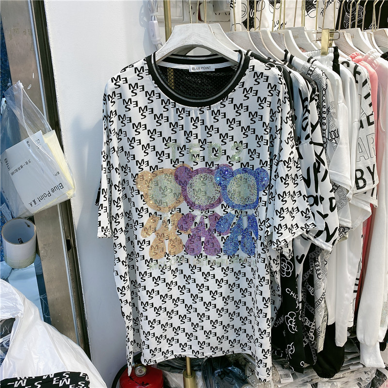 White 3 DollsEuropean station Short sleeve 2021 new pattern Big edition easy heavy industry Hot drilling Sense of design T-shirt female summer European goods tide Body