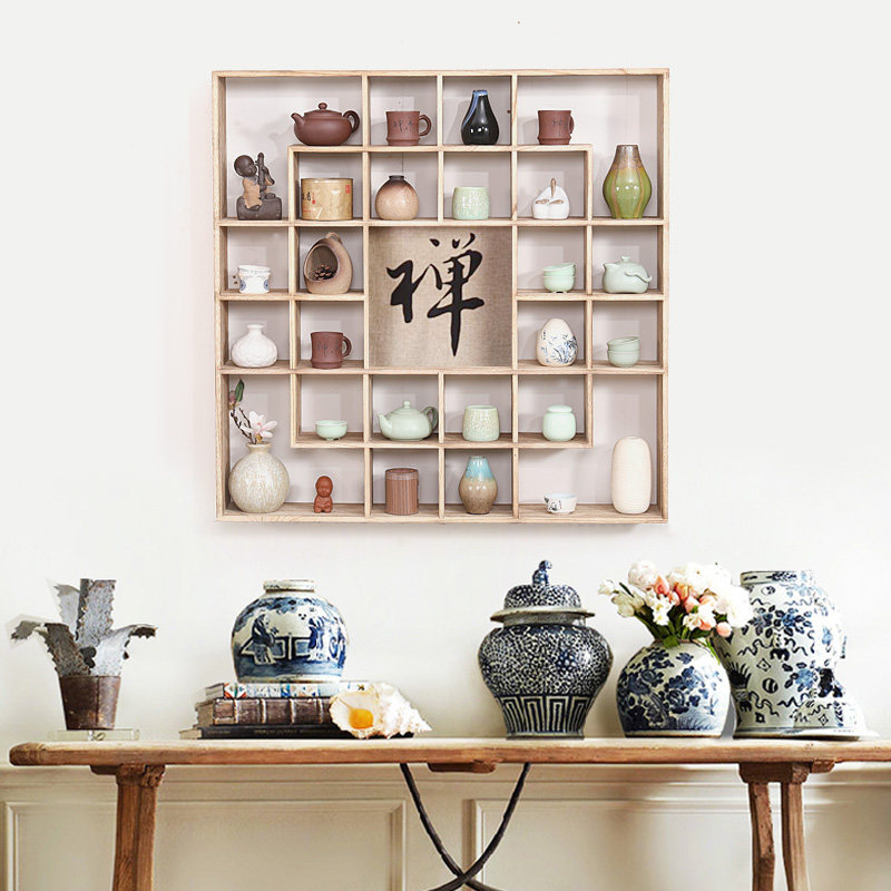 Solid wood Bogu rack wall-mounted tea cup storage rack rack Duobaoge tea set teapot rack ornaments display rack tea rack