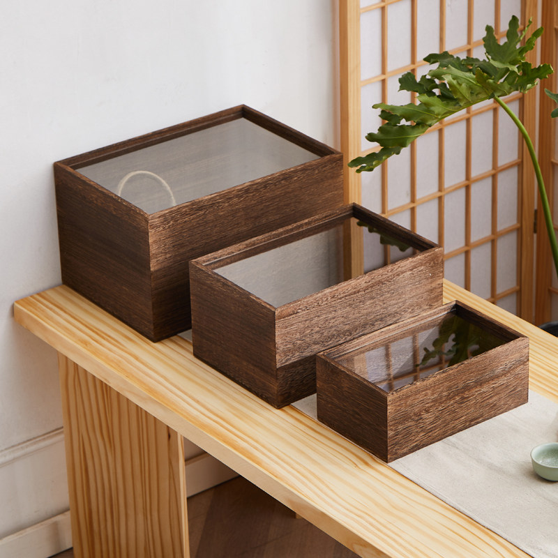 Solid wood with lid transparent dust-proof tea containing box Cosmetic Jewelry Display Small Storage Box Model Model Tea Racks