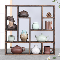 Solid Wood Bou Ancient Shelf Tea Cup Shelf Hanging Wall Shelf Purple Sand Teapot Containing Rack Swing Piece Shelf Multi-Treasure Cabinet