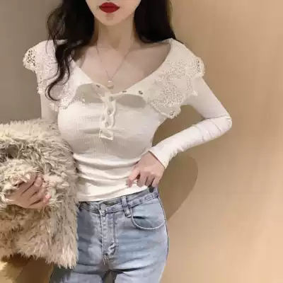 Spring and autumn new slim-fitting lace stitching lapel long-sleeved T-shirt female sense of thin bottoming shirt Hong Kong style inner top