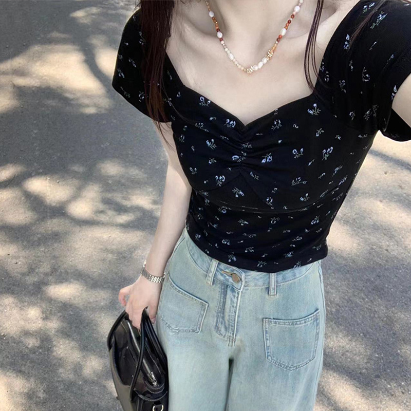 Modal Retro Pleated Square-Neck Floral Short-Sleeve T-Shirt for Women, Summer Sweet and Spicy Slim-Fit Short Top ins Trendy