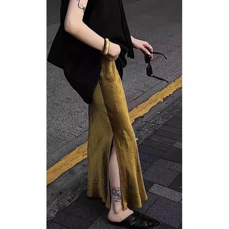 Golden Acetate Satin Skirt for Women, Summer European Style, Textured Pleated Silk Skirt, Drapey Slit Long Skirt