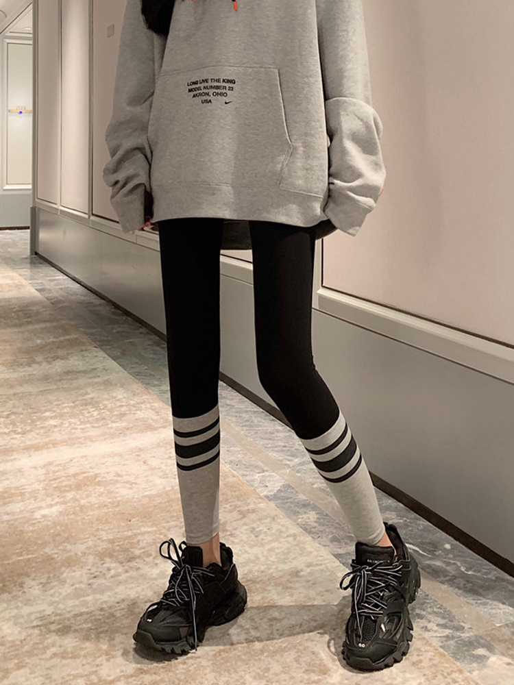 Korean version of leggings women's outerwear autumn and winter plus velvet stripes hit color high waist elastic slim fit skinny pants all-match