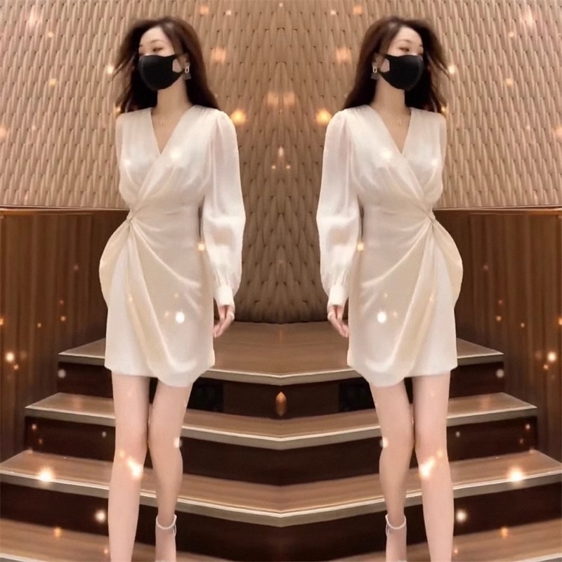 Chanel-Style Dress for Women, Spring and Summer, European Style, Mid-Length, Thin, Apricot Color, Tie Waist, Long Sleeves, V-Neck, Gentle Dress, Plus Size