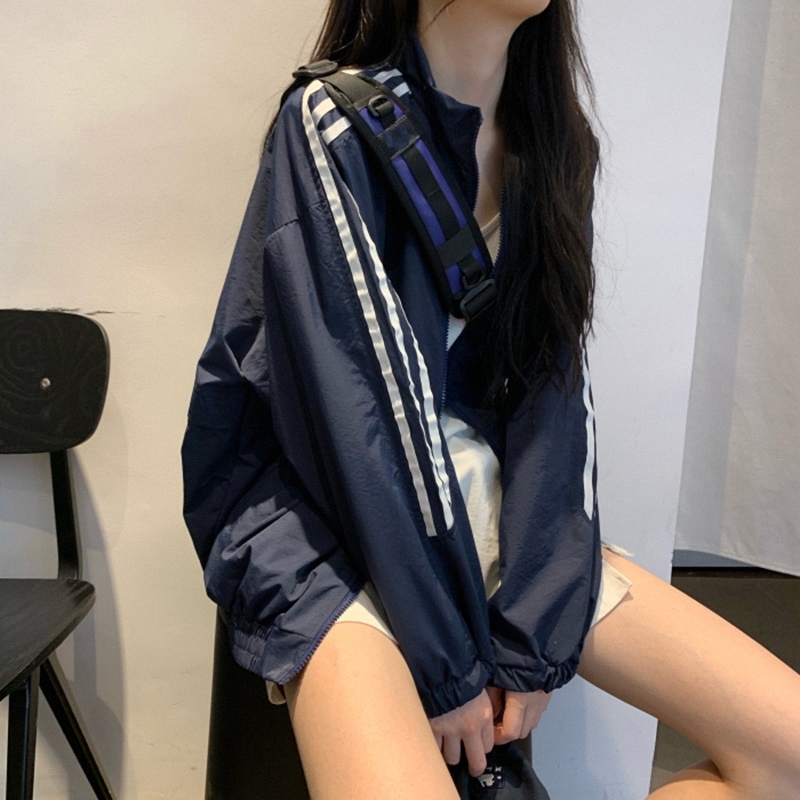 Color-Blocked Sports Jacket for Women, Summer Baseball Jacket, Thin Windproof Jacket, Workwear Jacket, Sun Protection Cardigan, Striped Top