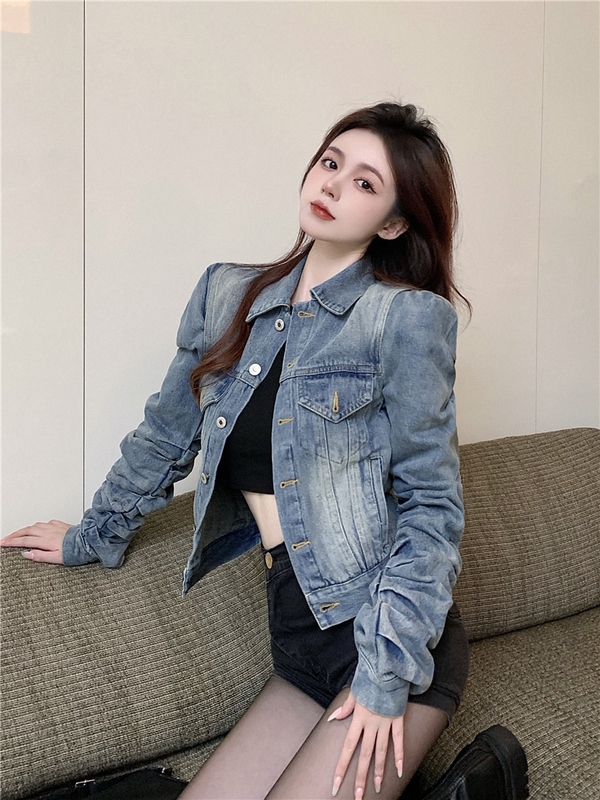 Blue Denim Short Jacket for Women, Autumn Shoulder-Padded Jacket, Vintage Shirt, Work Shirt, Hot Girl Crop Top