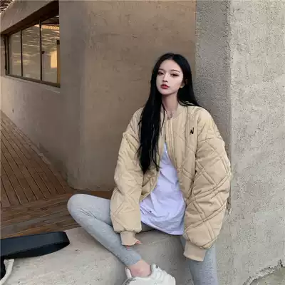 Korean version of New down cotton jacket baseball jacket women's autumn and winter warm Plaid slim cotton jacket loose jacket jacket